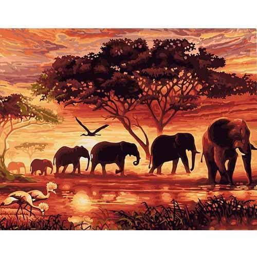 CHENISTORY Sunset Elephants DIY Painting for Home Wall Decor