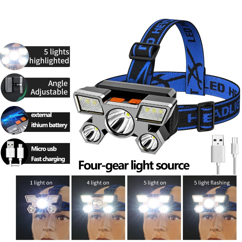 Outdoor 5LED USB Rechargeable Headset Flashlight